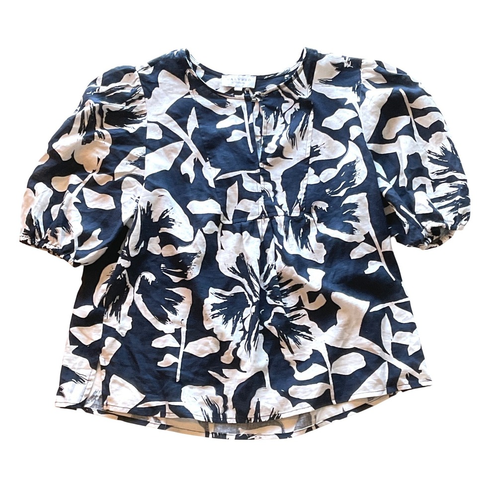 Calypso St. Barth Womens Top Blouse Navy Blue White Floral Linen Puff Sleeve‎ L